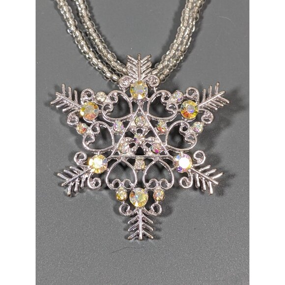Winter Snowflake Pendant AB Rhinestone Glass and Acrylic Bead Necklace 19 in - Picture 1 of 10